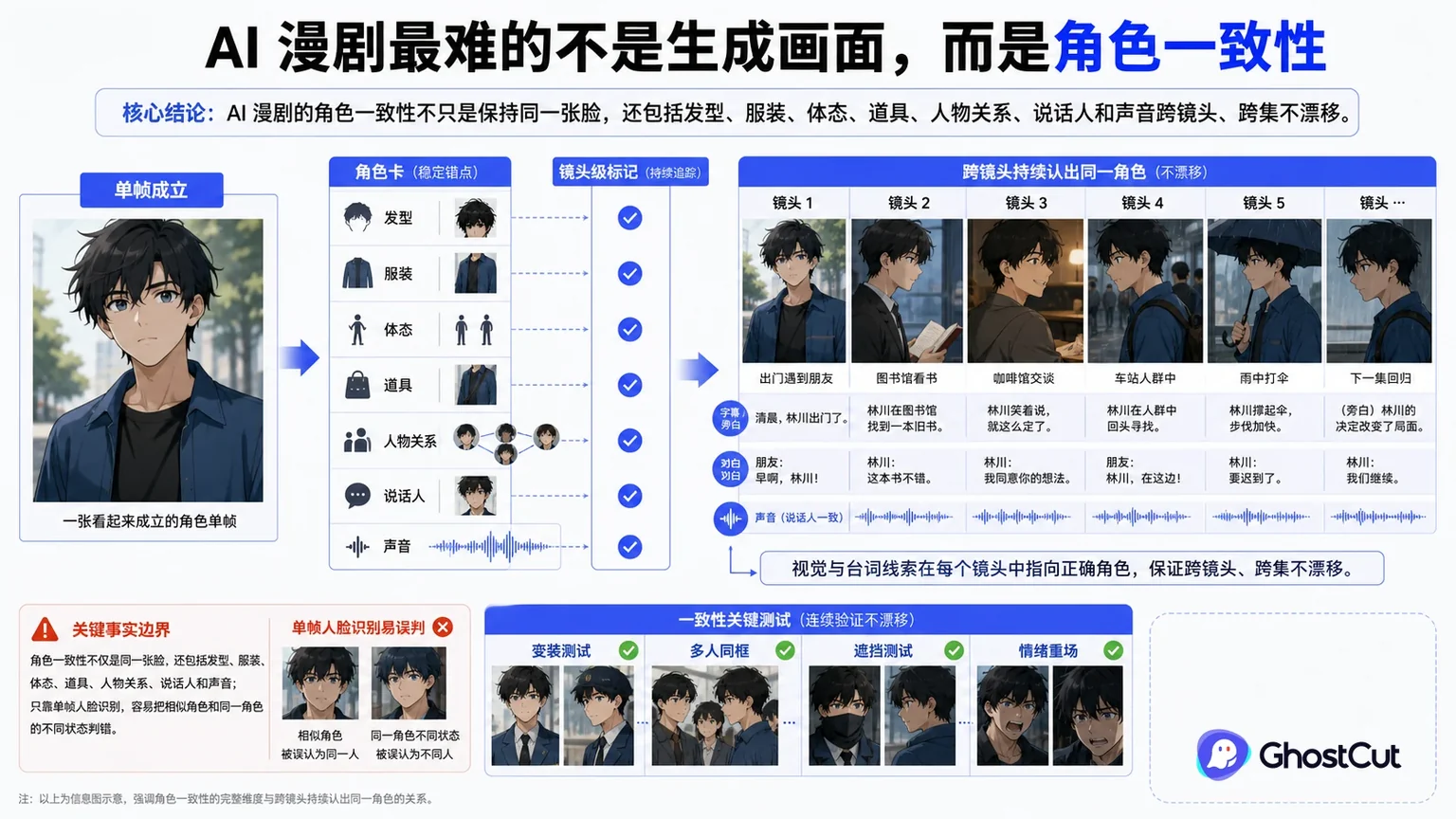 AI 漫剧角色一致性围绕“AI 漫剧的角色一致性不只是保持同一张脸，还包括发型、服装、体态、道具、人物关系、说话人和声音跨镜头、跨集不漂移。”形成核心关系