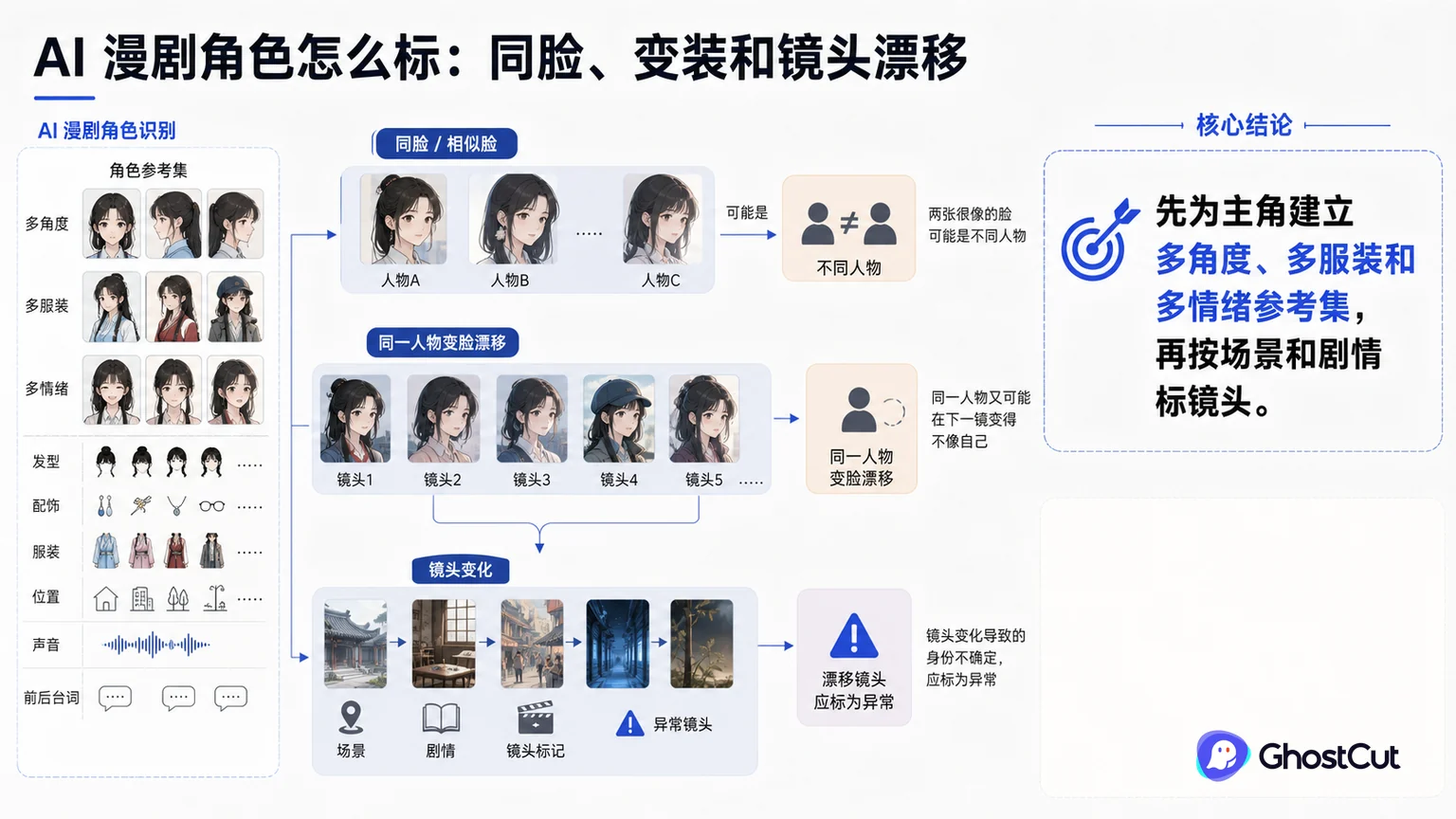 AI 漫剧角色怎么标：同脸、变装和镜头漂移的核心流程与关键关系示意图