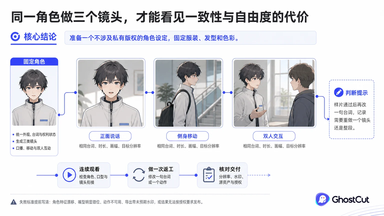 “同一角色做三个镜头，才能看见一致性与自由度的代价”章节用关系图说明：准备一个不涉及私有版权的角色设定，固定服装、发型和色彩。