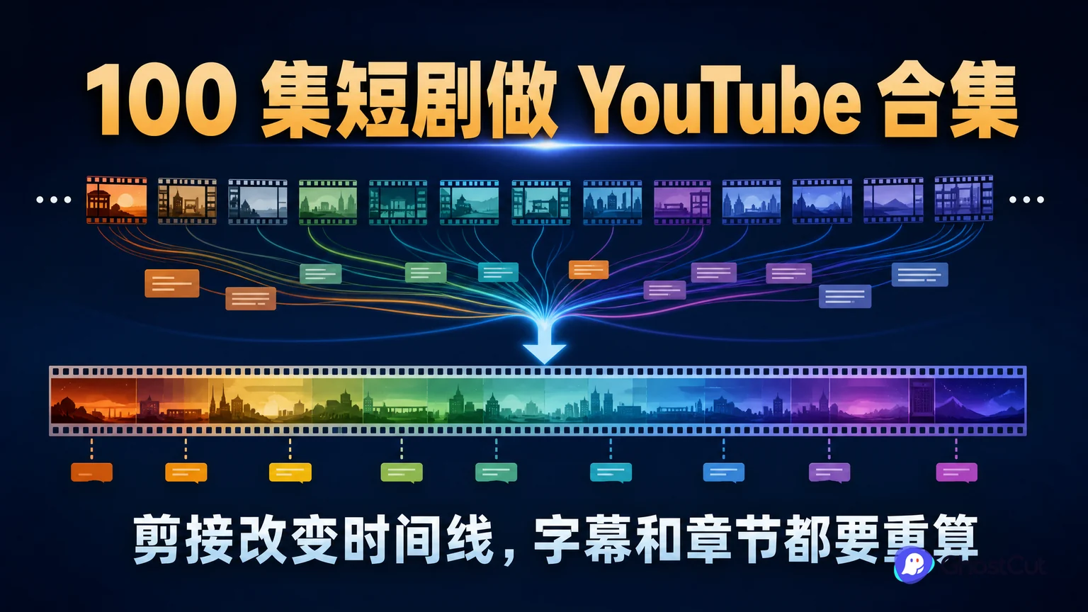100 集短剧怎样做成 YouTube 合集？剪接、字幕累计与上传检查的核心流程与关键关系示意图