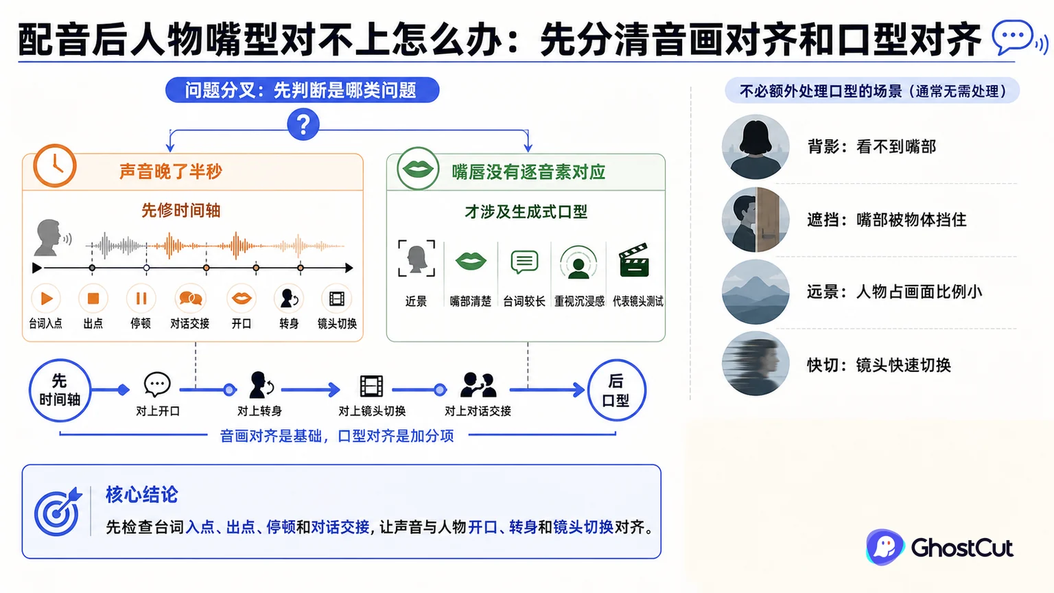配音后人物嘴型对不上怎么办：先分清音画对齐和口型对齐的核心流程与关键关系示意图