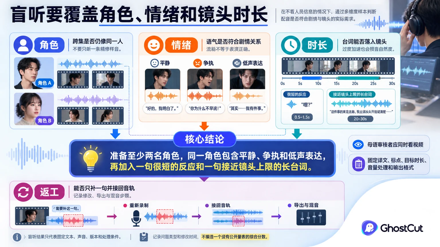 “盲听要覆盖角色、情绪和镜头时长”章节用关系图说明：准备至少两名角色，同一角色包含平静、争执和低声表达，再加入一句很短的反应和一句接近镜头上限的长台词。