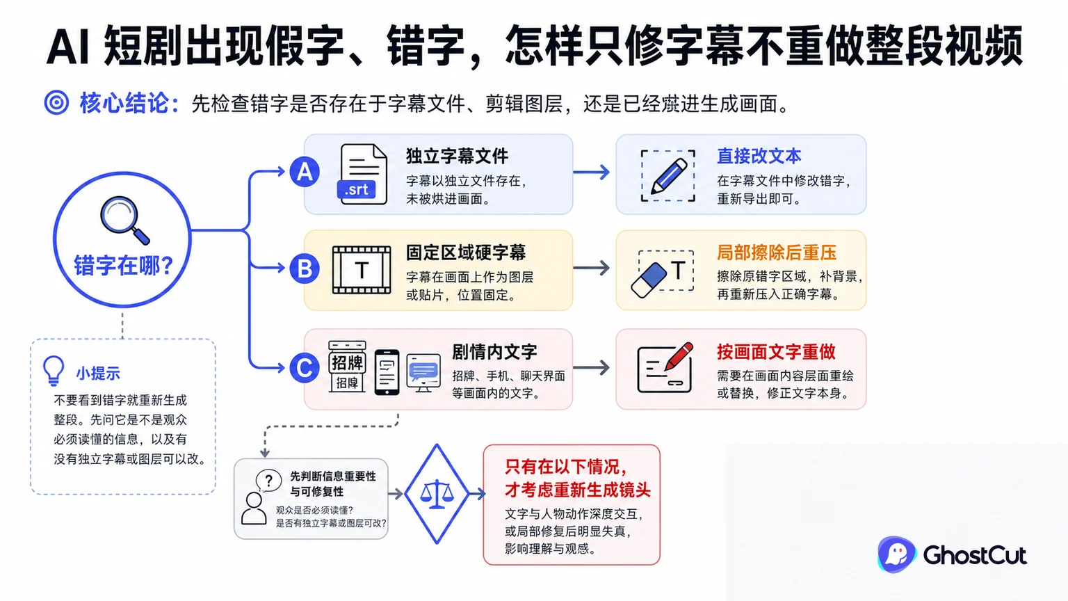 AI 短剧出现假字、错字，怎样只修字幕不重做整段视频的核心流程与关键关系示意图