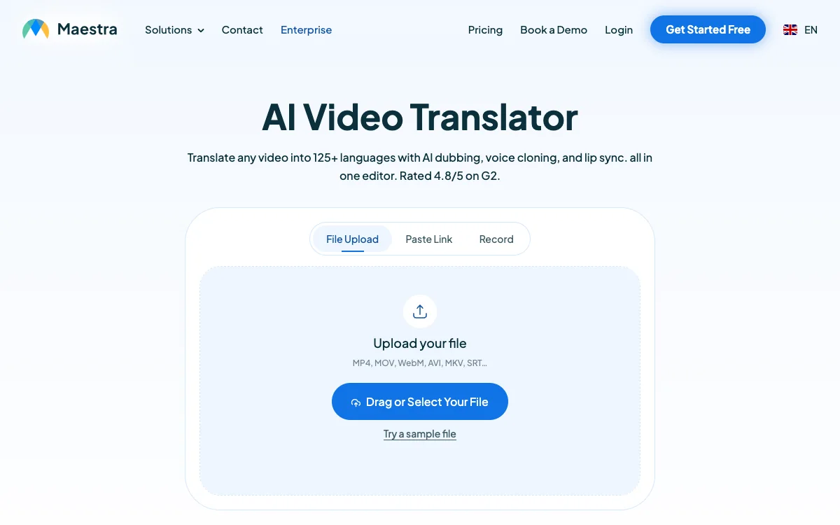 Maestra AI Video Translator官方页面截图，采集于2026年9月10日