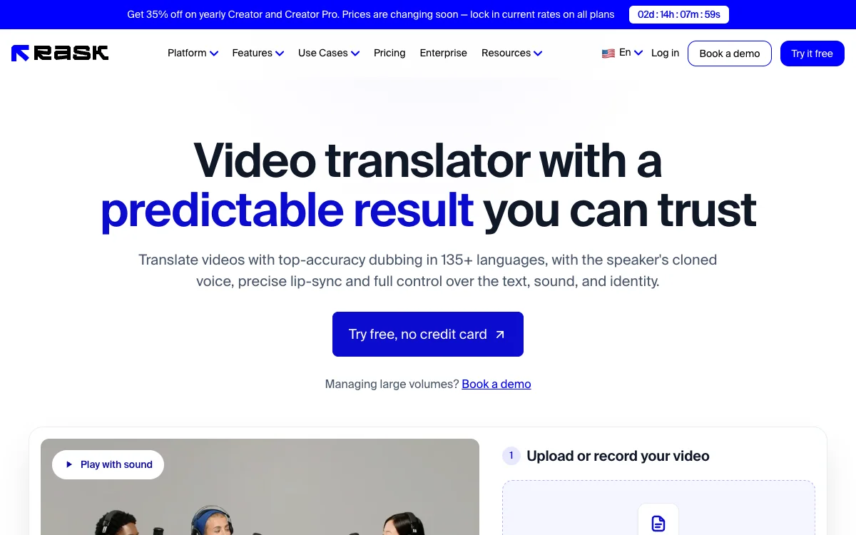 Rask AI Video Translator官方页面截图，采集于2026年9月10日