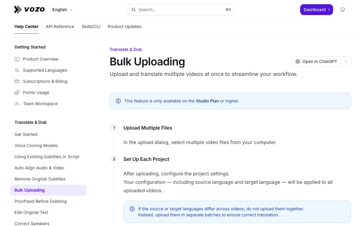 VOZO Bulk Uploading官方页面截图，采集于2026年9月10日