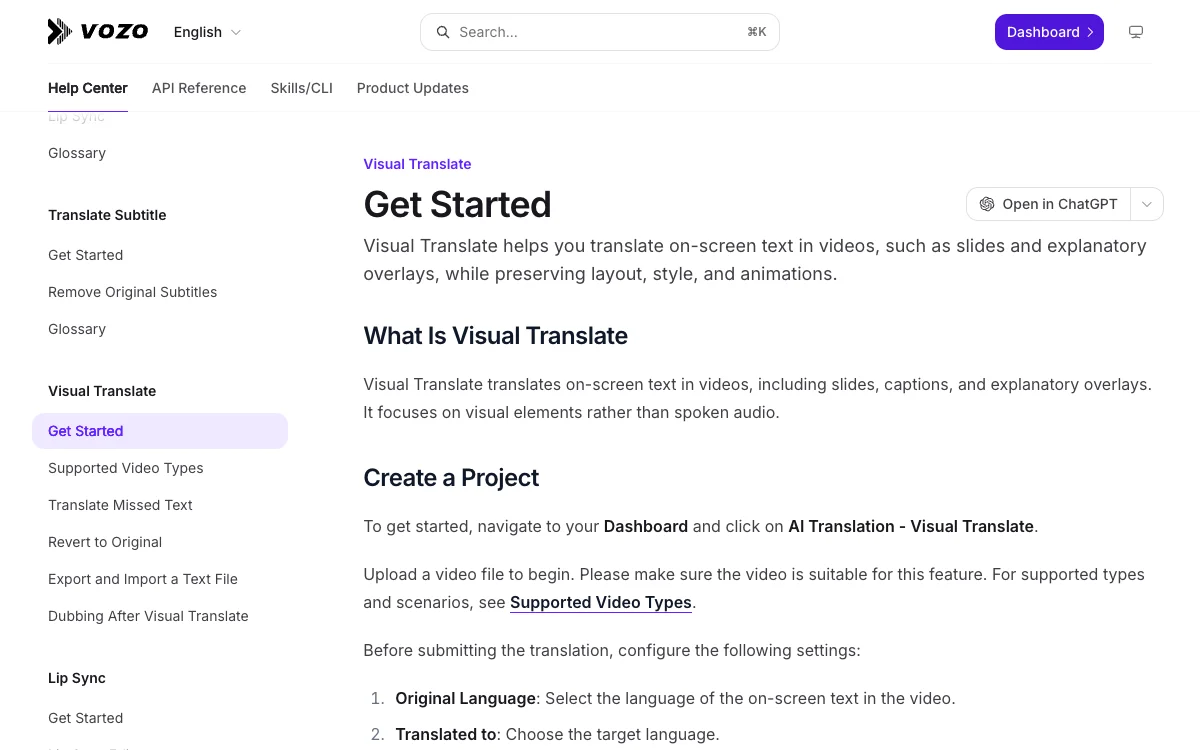 VOZO Visual Translate 使用指南官方页面截图，采集于2026年9月10日
