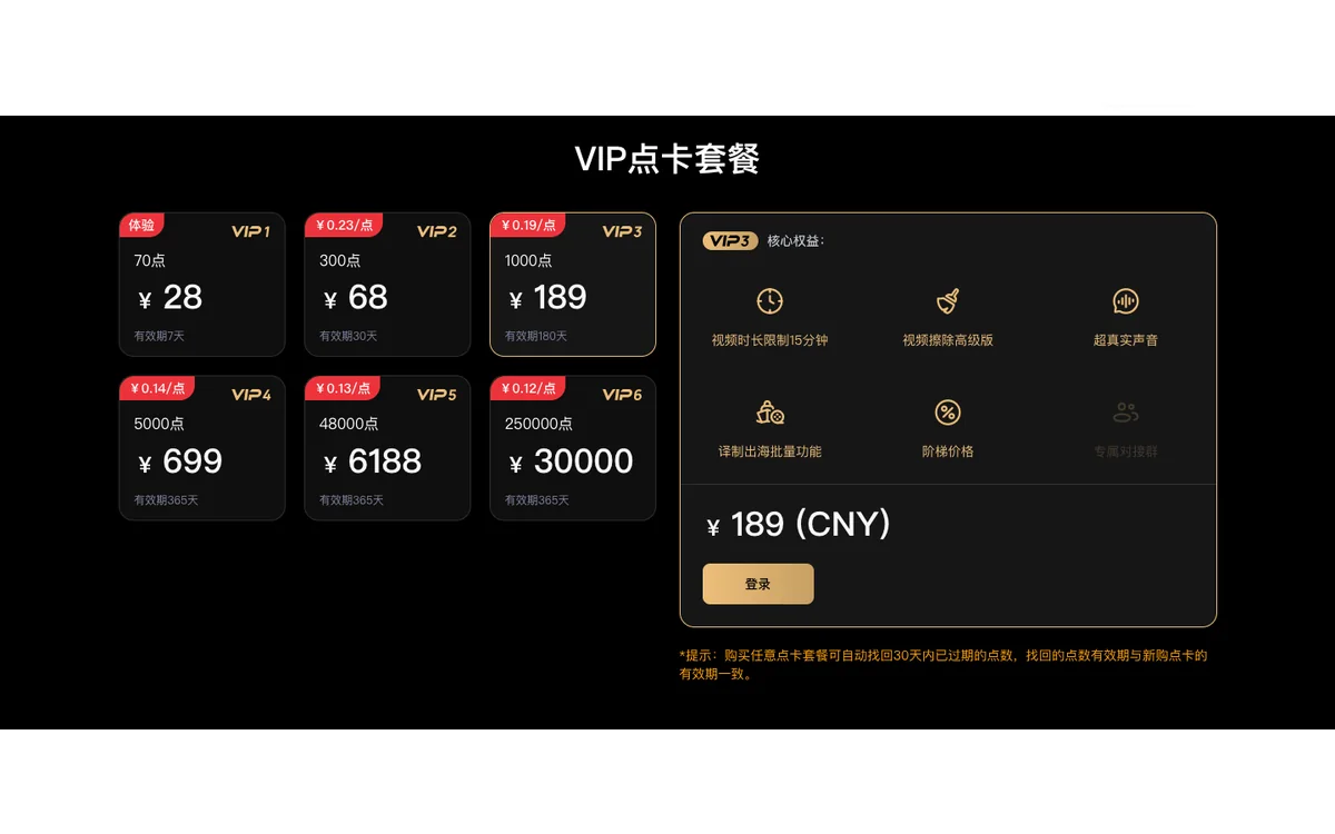 GhostCut 会员与定价页中的点卡套餐