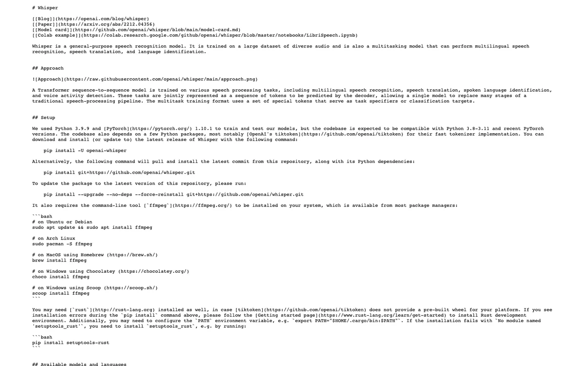 OpenAI Whisper 官方 README 的模型定义与安装说明