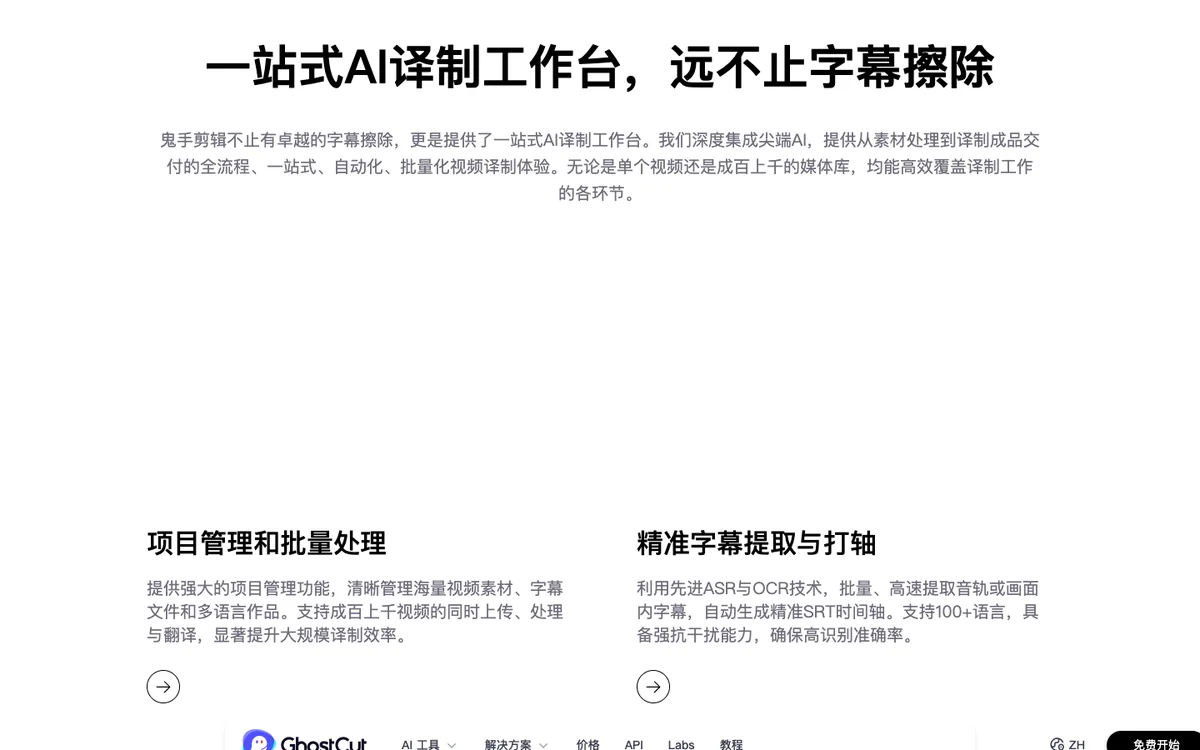 GhostCut 一站式译制工作台中的项目管理、字幕、角色与配音模块