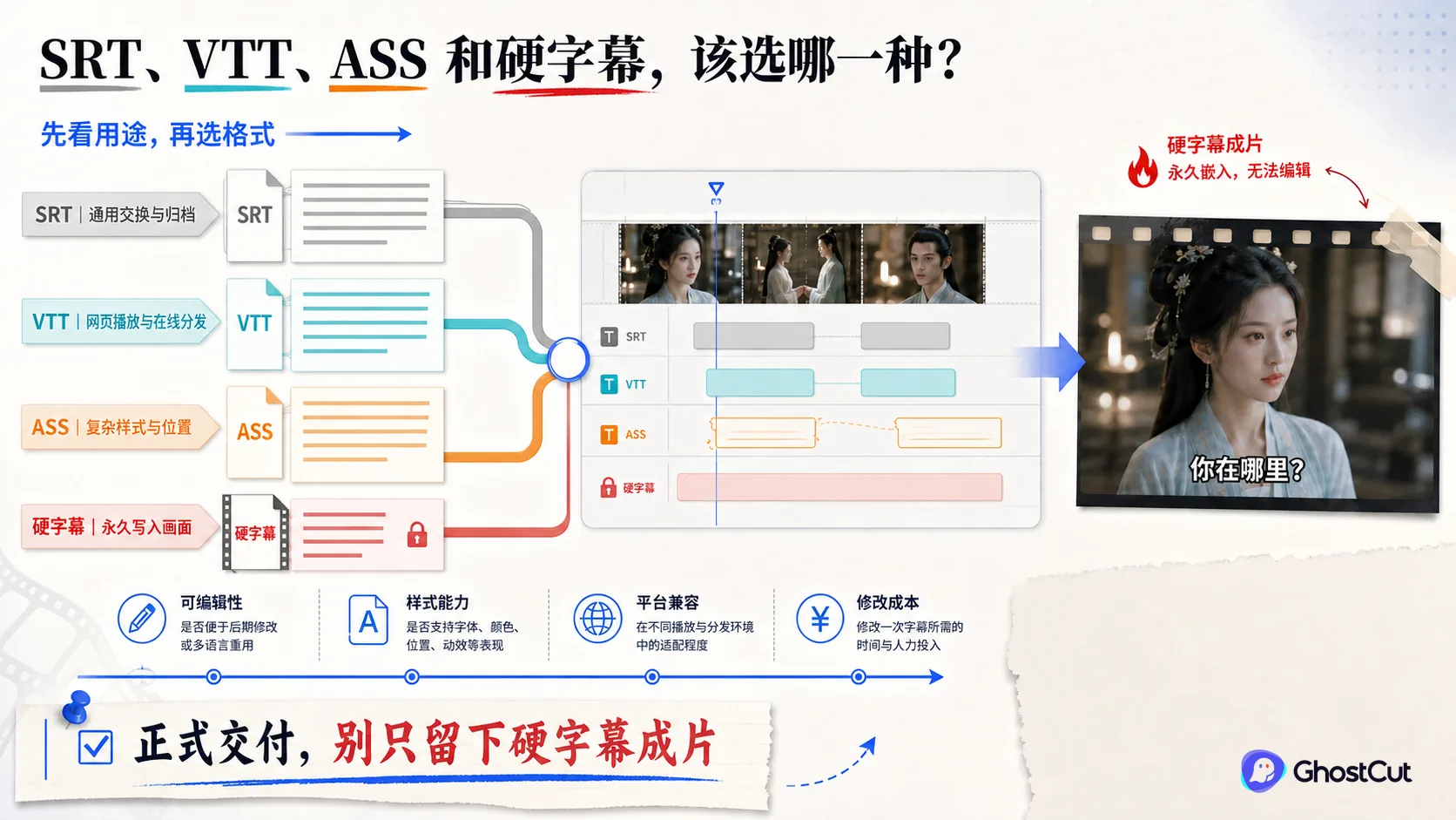 SRT、VTT、ASS 和硬字幕从文件形态经过时间轴与样式处理走向最终画面