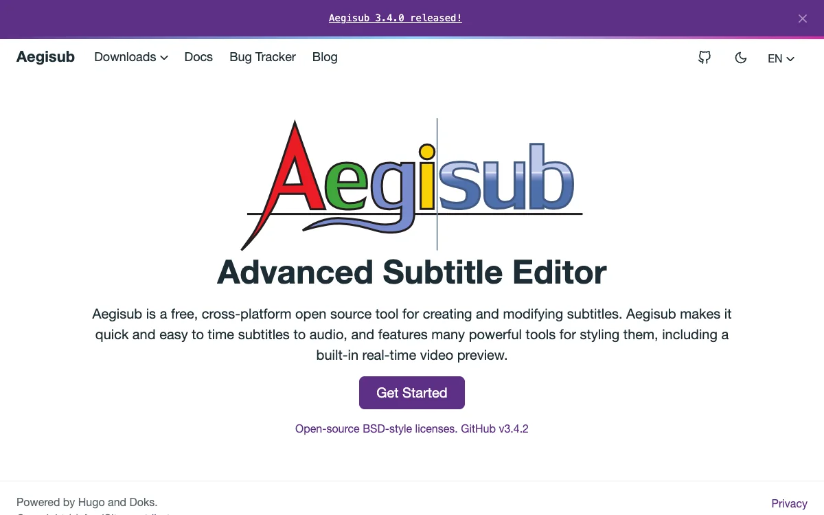 Aegisub 官网，展示开源字幕编辑器和音频打轴定义