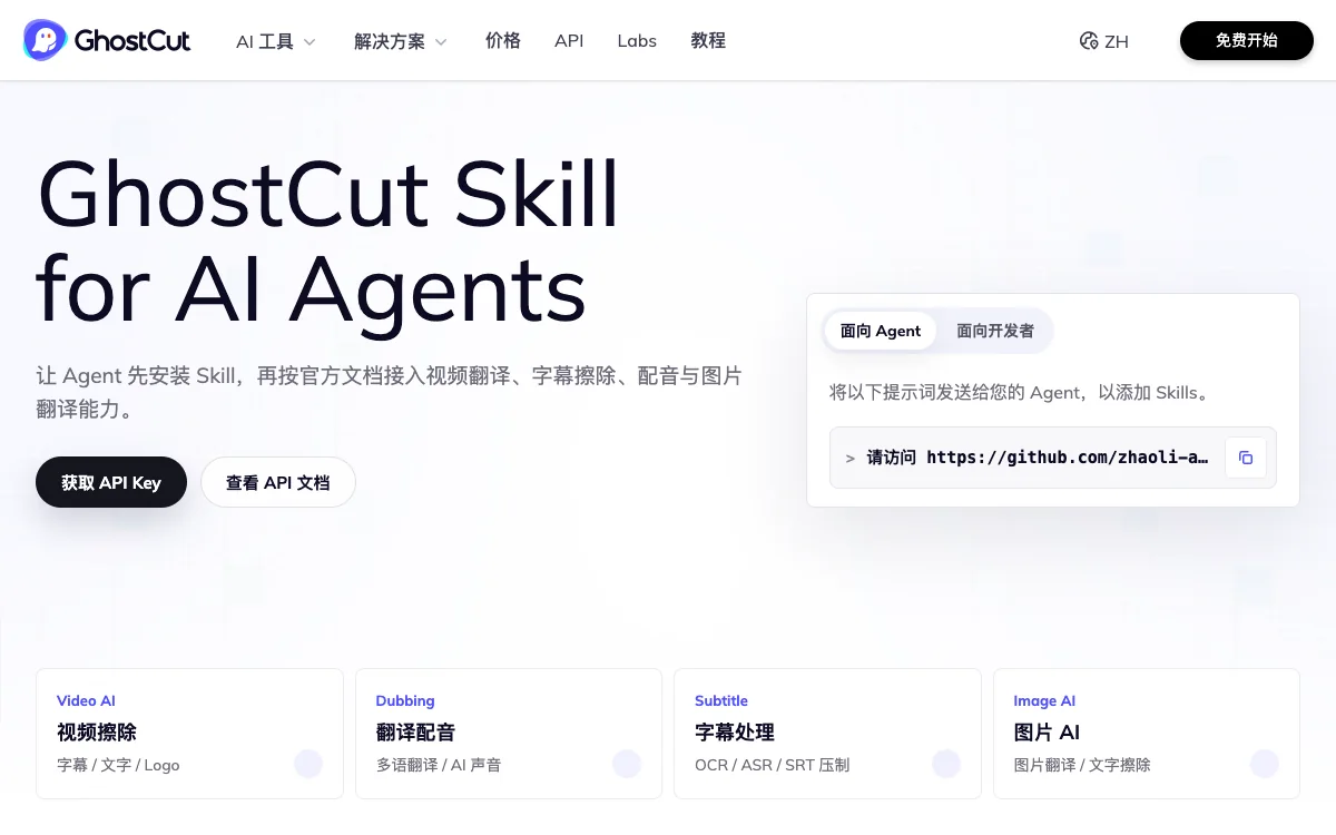 GhostCut 官方 API 页面中的视频译配工作流