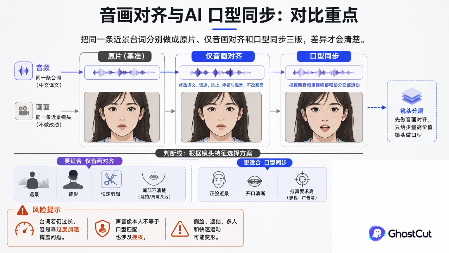 视频配音同步评测：音画对齐与 AI 口型同步有什么区别正文重点流程与判断示意图